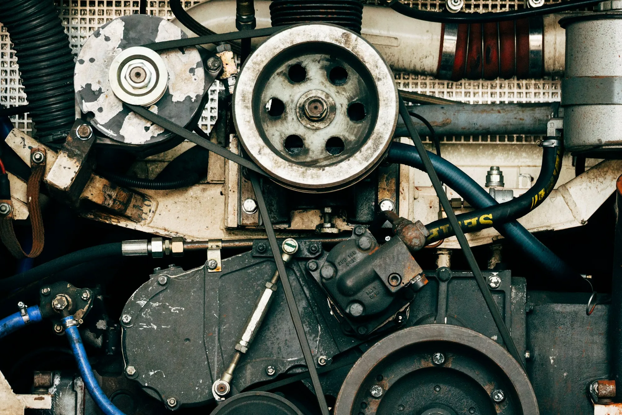 Close-up of an engine with its belts and pulleys